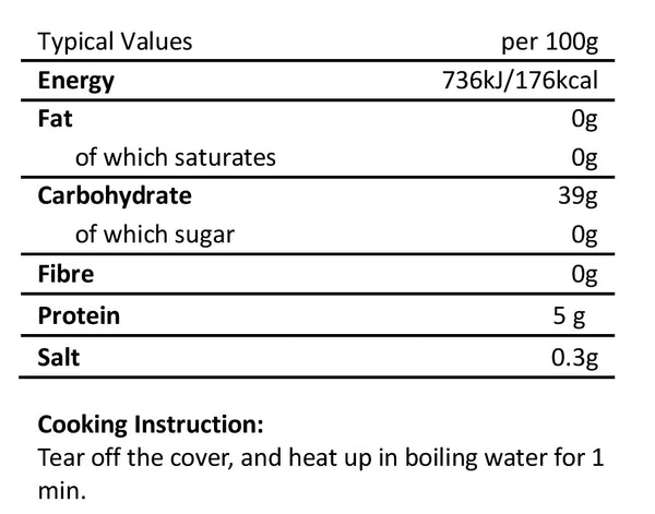 The Nutrition Information label for Taiwan Imported Handmade Noodles shows typical values per 100g: 176 kcal, 0g Fat, 0g Saturates, 39g Carbohydrates, 0g Sugars, 0g Fiber, 5g Protein and 0.3g Salt. Cooking instructions: Remove lid and heat in boiling water for one minute.