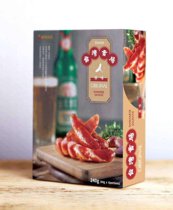 A box of original Taiwanese sausages with a photo of cooked sausages, beer bottles and glasses in the background.